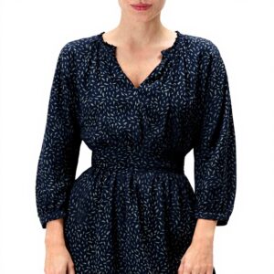 Robe Courte Caroll Manches Longues Evasée Marine Femme