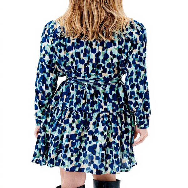 Robe cocktail Caroll manches longues evasée bleu femme