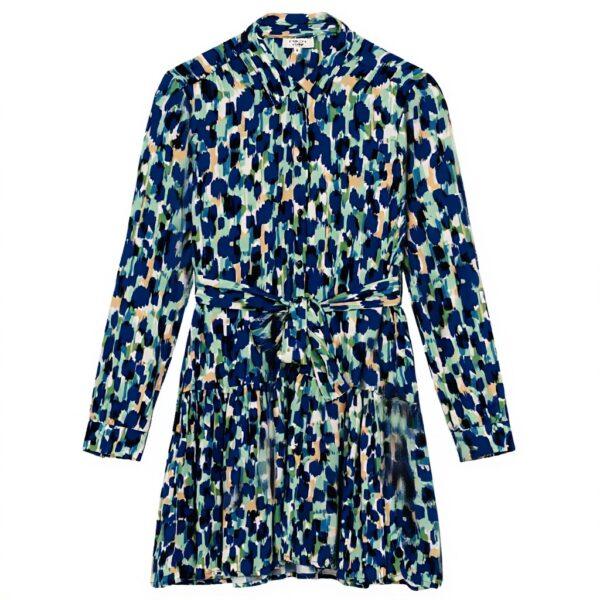 Robe cocktail Caroll manches longues evasée bleu femme
