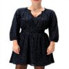 Robe Courte Caroll Manches Longues Evasée Marine Femme