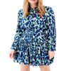 Robe cocktail Caroll manches longues evasée bleu femme