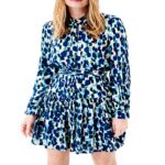 Robe cocktail Caroll manches longues evasée bleu femme