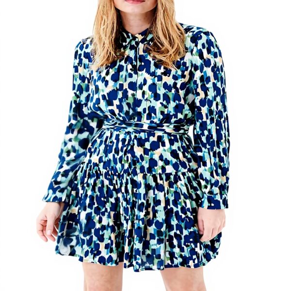Robe cocktail Caroll manches longues evasée bleu femme