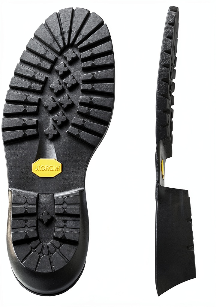 Semelle Vibram remplacement posée sur une table d'atelier de cordonnerie à côté d'une chaussure de randonnée usée