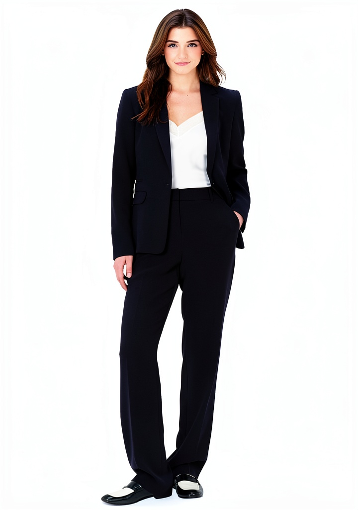 Femme portant le pantalon droit Caroll dans un bureau moderne avec ordinateur
